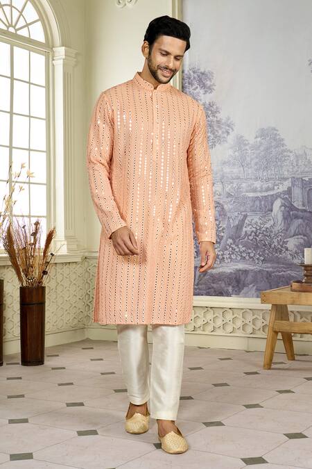 Buy_Kasbah_Peach Georgette Mirrors, Embroidery Vine Thread And Kurta With Pant_Online_at_Aza_Fashions