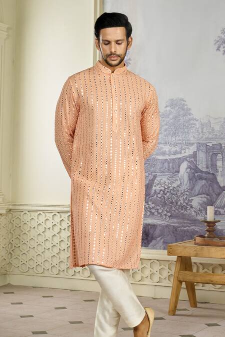 Shop_Kasbah_Peach Georgette Mirrors, Embroidery Vine Thread And Kurta With Pant_Online_at_Aza_Fashions