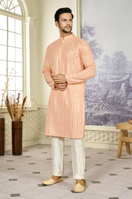 Kasbah_Peach Georgette Mirrors, Embroidery Vine Thread And Kurta With Pant_at_Aza_Fashions
