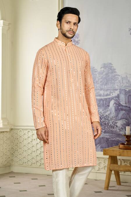 Buy_Kasbah_Peach Georgette Mirrors, Embroidery Vine Thread And Kurta With Pant