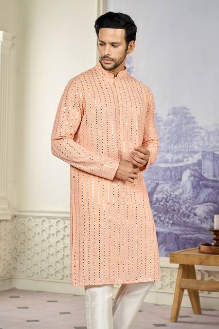 Shop_Kasbah_Peach Georgette Mirrors, Embroidery Vine Thread And Kurta With Pant