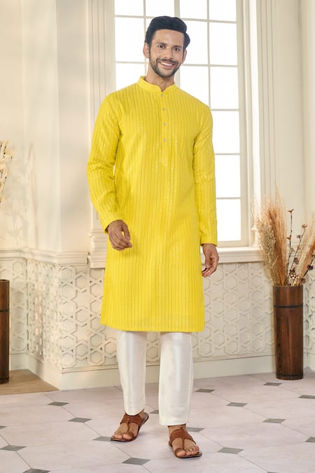 Shop Kasbah X AZA Gold Georgette, Cotton Embroidery Vine Aari Kurta With Pant Shop_Kasbah X AZA_Gold Georgette, Cotton Embroidery Vine Aari Kurta With Pant