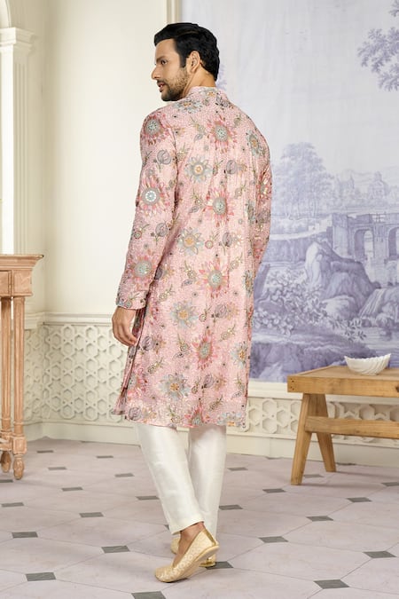 Kasbah X AZA_Pink Georgette Sequins, Embroidery Bloom Kurta With Pant _Online_at_Aza_Fashions