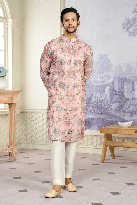 Buy_Kasbah X AZA_Pink Georgette Sequins, Embroidery Bloom Kurta With Pant _Online_at_Aza_Fashions