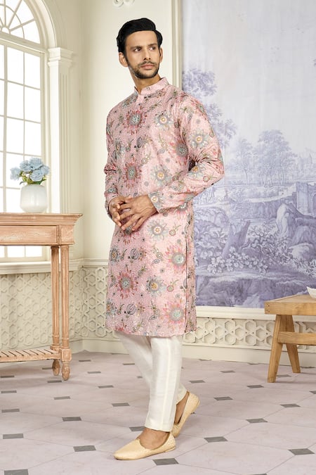 Kasbah X AZA_Pink Georgette Sequins, Embroidery Bloom Kurta With Pant _at_Aza_Fashions