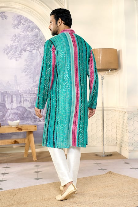 Kasbah X AZA_Blue Georgette Sequins Striped Embroidered Kurta With Pant _Online_at_Aza_Fashions