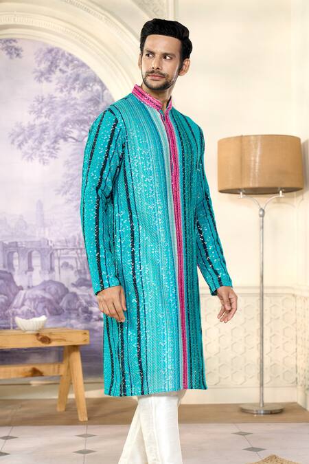 Buy_Kasbah X AZA_Blue Georgette Sequins Striped Embroidered Kurta With Pant _Online_at_Aza_Fashions