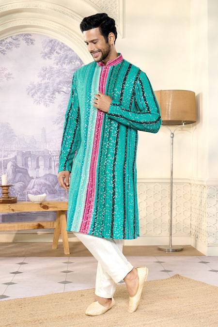 Shop_Kasbah X AZA_Blue Georgette Sequins Striped Embroidered Kurta With Pant _Online_at_Aza_Fashions