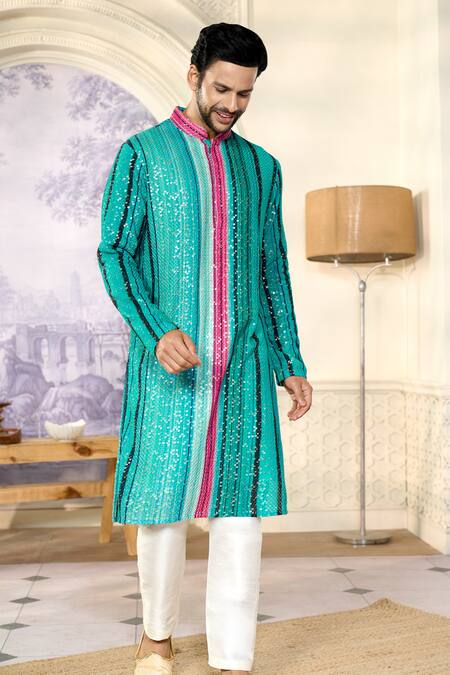 Kasbah X AZA_Blue Georgette Sequins Striped Embroidered Kurta With Pant _at_Aza_Fashions