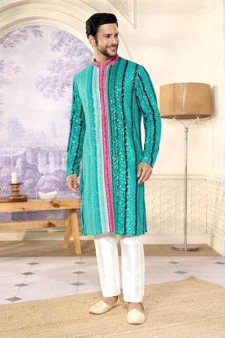 Buy_Kasbah X AZA_Blue Georgette Sequins Striped Embroidered Kurta With Pant 