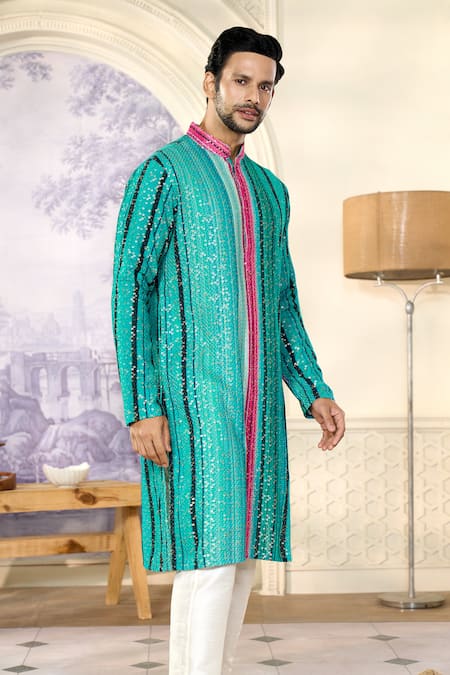 Shop_Kasbah X AZA_Blue Georgette Sequins Striped Embroidered Kurta With Pant 