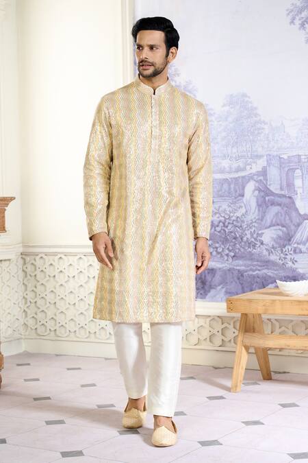 Kasbah X AZA_Multi Color Georgette Sequins, Embroidery Chevron Kurta With Pant _at_Aza_Fashions