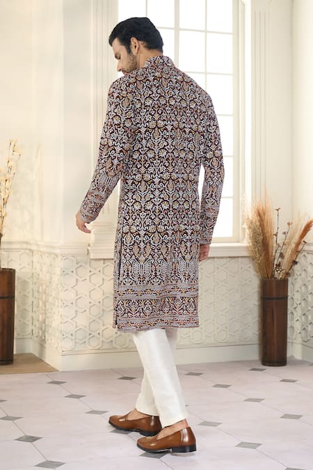 Kasbah X AZA_Maroon Georgette, Cotton Sequins, Embroidery Persian Bloom Kurta With Pant _Online_at_Aza_Fashions