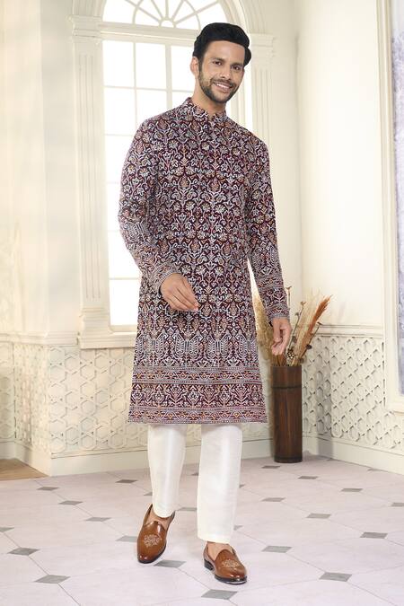 Buy_Kasbah X AZA_Maroon Georgette, Cotton Sequins, Embroidery Persian Bloom Kurta With Pant _Online_at_Aza_Fashions