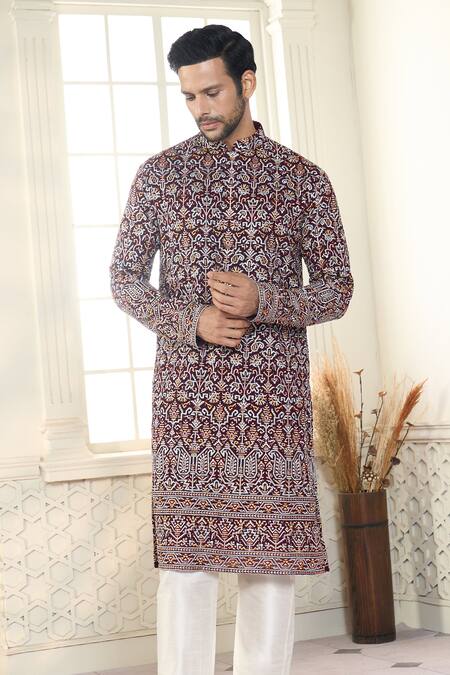 Shop_Kasbah X AZA_Maroon Georgette, Cotton Sequins, Embroidery Persian Bloom Kurta With Pant _Online_at_Aza_Fashions