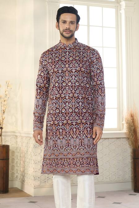 Kasbah X AZA_Maroon Georgette, Cotton Sequins, Embroidery Persian Bloom Kurta With Pant _at_Aza_Fashions