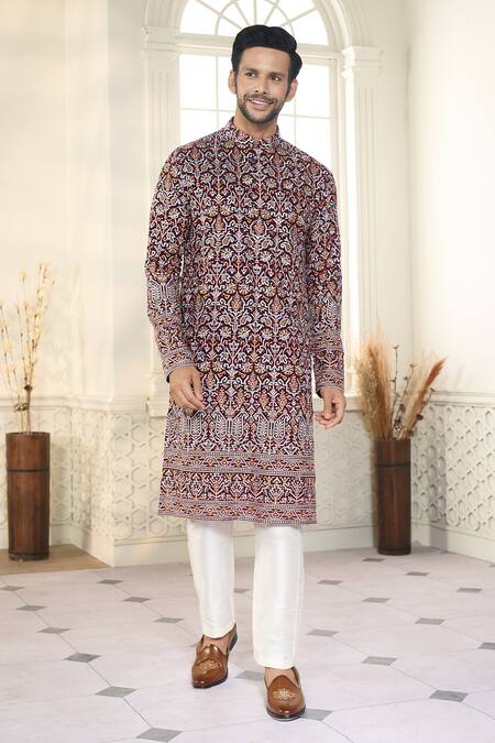 Buy_Kasbah X AZA_Maroon Georgette, Cotton Sequins, Embroidery Persian Bloom Kurta With Pant 