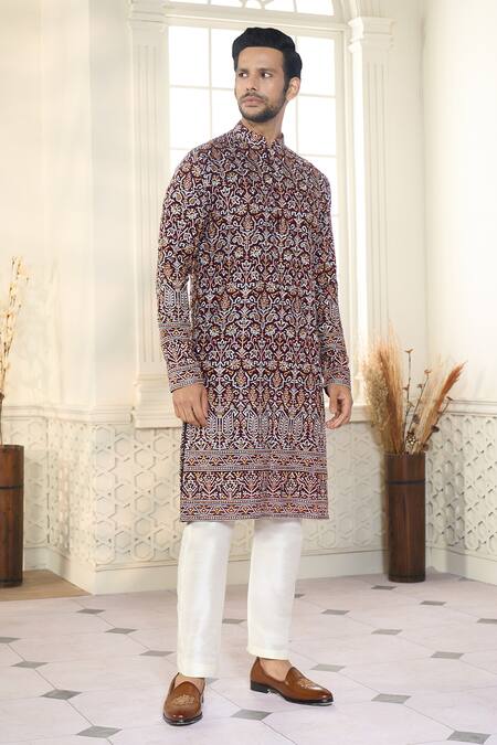 Shop_Kasbah X AZA_Maroon Georgette, Cotton Sequins, Embroidery Persian Bloom Kurta With Pant 