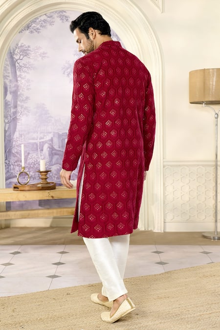 Kasbah X AZA_Maroon Silk Embroidery, Sequins Crescent Chikankari Kurta With Pant _Online_at_Aza_Fashions
