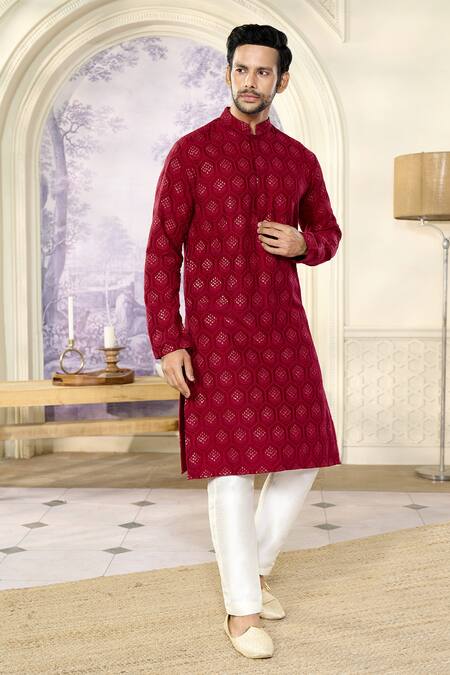 Buy_Kasbah X AZA_Maroon Silk Embroidery, Sequins Crescent Chikankari Kurta With Pant _Online_at_Aza_Fashions