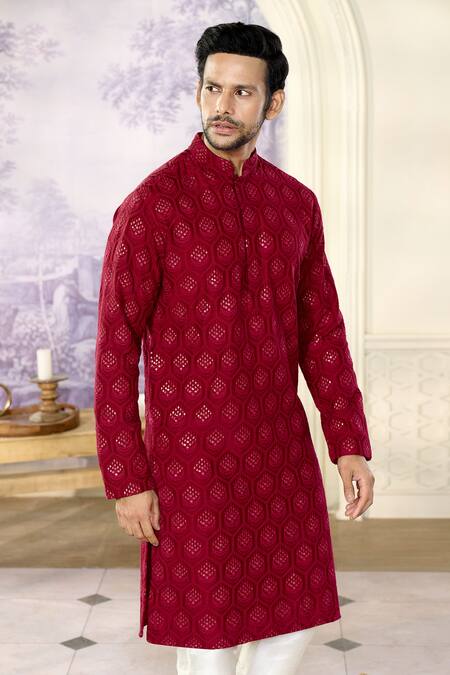 Shop_Kasbah X AZA_Maroon Silk Embroidery, Sequins Crescent Chikankari Kurta With Pant _Online_at_Aza_Fashions