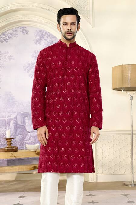 Kasbah X AZA_Maroon Silk Embroidery, Sequins Crescent Chikankari Kurta With Pant _at_Aza_Fashions