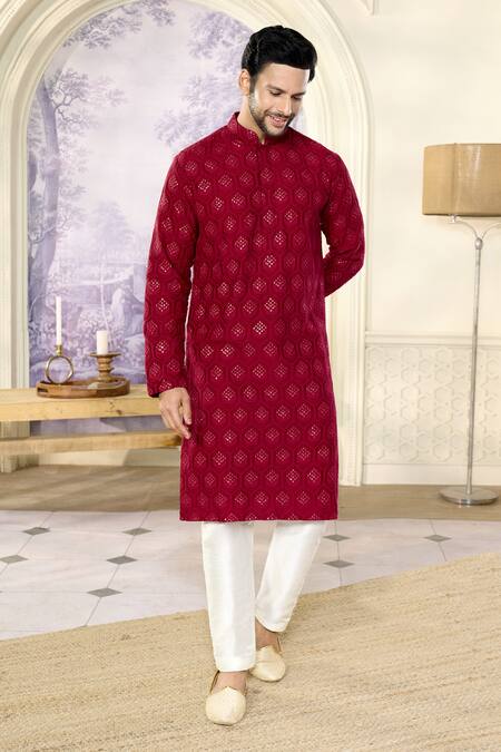 Buy_Kasbah X AZA_Maroon Silk Embroidery, Sequins Crescent Chikankari Kurta With Pant 