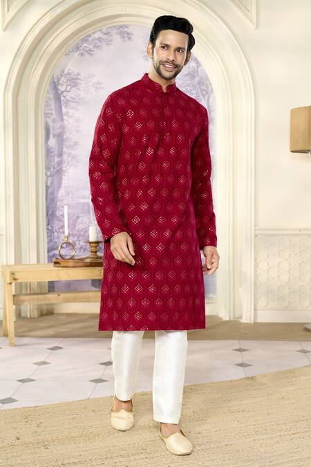 Shop_Kasbah X AZA_Maroon Silk Embroidery, Sequins Crescent Chikankari Kurta With Pant 