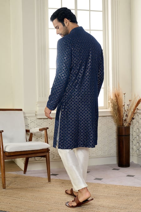 Kasbah X AZA Blue Georgette Sequins Chikankari Jaal Embroidered Kurta With Pant Online at Aza Fashions Kasbah X AZA_Blue Georgette Sequins Chikankari Jaal Embroidered Kurta With Pant _Online_at_Aza_Fashions