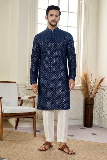 Buy Kasbah X AZA Blue Georgette Sequins Chikankari Jaal Embroidered Kurta With Pant Online at Aza Fashions Buy_Kasbah X AZA_Blue Georgette Sequins Chikankari Jaal Embroidered Kurta With Pant _Online_at_Aza_Fashions