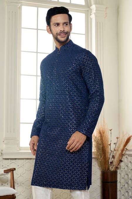 Shop Kasbah X AZA Blue Georgette Sequins Chikankari Jaal Embroidered Kurta With Pant Online at Aza Fashions Shop_Kasbah X AZA_Blue Georgette Sequins Chikankari Jaal Embroidered Kurta With Pant _Online_at_Aza_Fashions