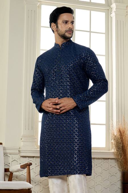 Kasbah X AZA Blue Georgette Sequins Chikankari Jaal Embroidered Kurta With Pant at Aza Fashions Kasbah X AZA_Blue Georgette Sequins Chikankari Jaal Embroidered Kurta With Pant _at_Aza_Fashions