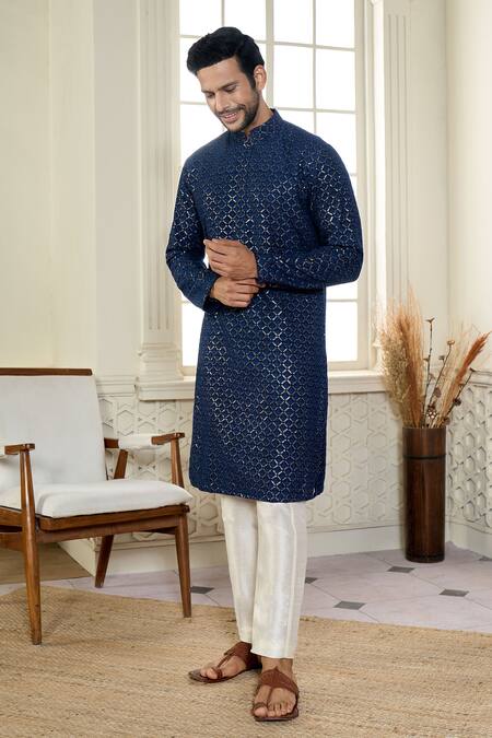 Buy Kasbah X AZA Blue Georgette Sequins Chikankari Jaal Embroidered Kurta With Pant Buy_Kasbah X AZA_Blue Georgette Sequins Chikankari Jaal Embroidered Kurta With Pant