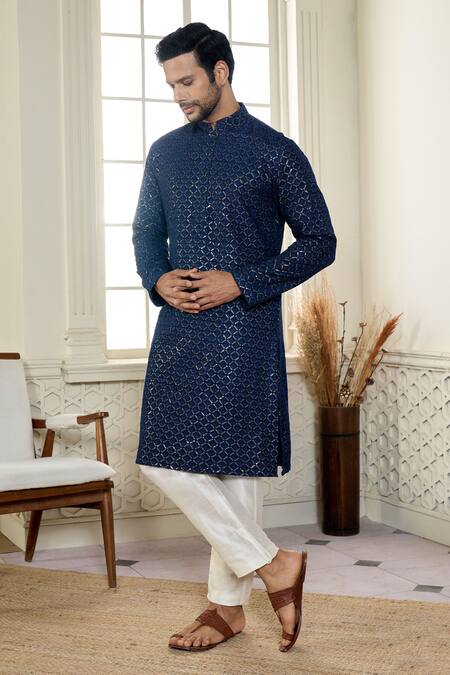 Shop Kasbah X AZA Blue Georgette Sequins Chikankari Jaal Embroidered Kurta With Pant Shop_Kasbah X AZA_Blue Georgette Sequins Chikankari Jaal Embroidered Kurta With Pant