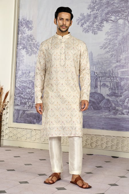 Kasbah X AZA_Off White Georgette Sequins, Embroidery Florence Thread Kurta With Pant _at_Aza_Fashions