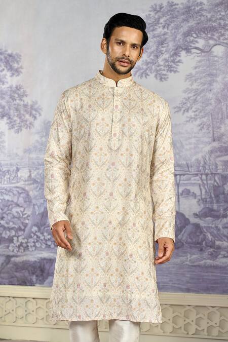 Buy_Kasbah X AZA_Off White Georgette Sequins, Embroidery Florence Thread Kurta With Pant 