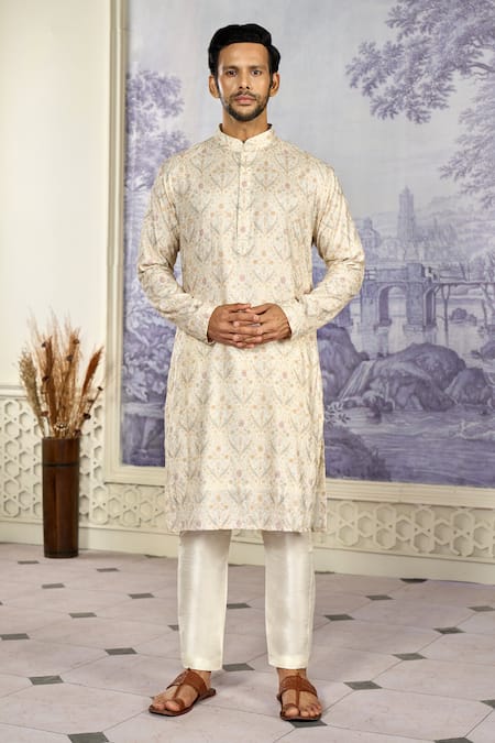 Shop_Kasbah X AZA_Off White Georgette Sequins, Embroidery Florence Thread Kurta With Pant 