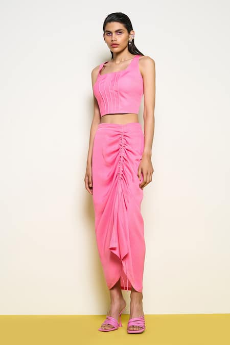 Shop Pooja Rajgarhia Gupta Pink Crepe Square Neck Corded Solid Top at Aza Fashions Shop_Pooja Rajgarhia Gupta_Pink Crepe Square Neck Corded Solid Top _at_Aza_Fashions