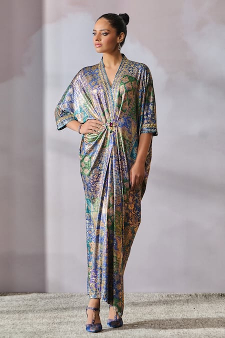 Tarun Tahiliani Blue Foil Jersey Printed Floral V-neck Dress