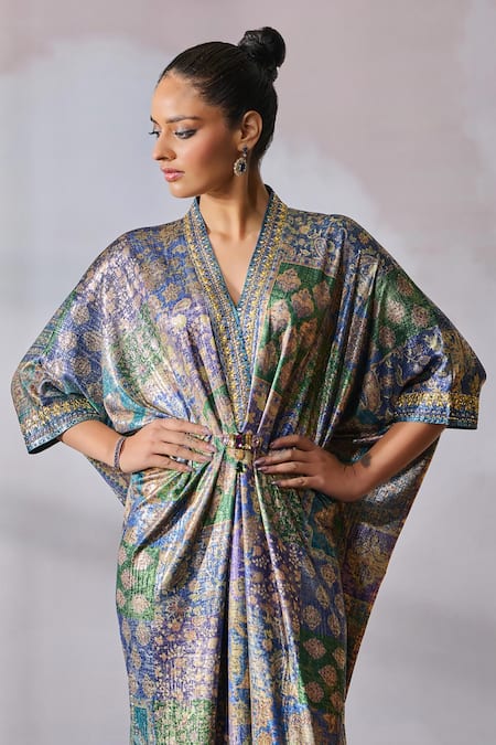 Tarun Tahiliani_Blue Foil Jersey Printed Floral V-neck Dress _Online_at_Aza_Fashions