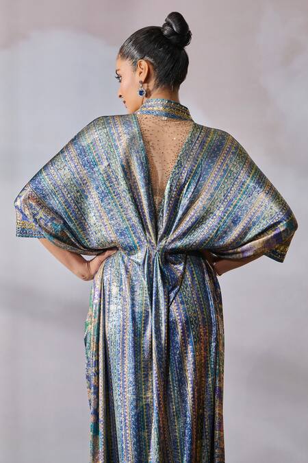 Buy_Tarun Tahiliani_Blue Foil Jersey Printed Floral V-neck Dress _Online_at_Aza_Fashions