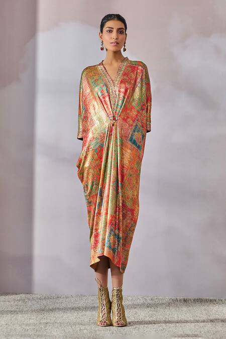 Tarun Tahiliani Multi Color Foil Jersey Printed Floral V-neck Paisley Dress Online at Aza Fashions Tarun Tahiliani_Multi Color Foil Jersey Printed Floral V-neck Paisley Dress _Online_at_Aza_Fashions
