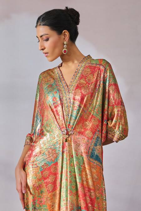 Buy Tarun Tahiliani Multi Color Foil Jersey Printed Floral V-neck Paisley Dress Online at Aza Fashions Buy_Tarun Tahiliani_Multi Color Foil Jersey Printed Floral V-neck Paisley Dress _Online_at_Aza_Fashions