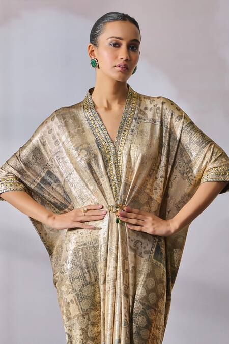 Buy_Tarun Tahiliani_Beige Foil Jersey Printed Floral V-neck Pleated Dress _Online_at_Aza_Fashions