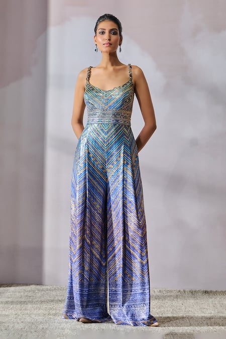 Tarun Tahiliani Blue Foil Jersey Printed Geometric V-neck Jumpsuit 