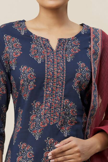 Buy_Adara Khan_Blue Kurta And Pant Cotton Printed Floral Notched Block Set_Online_at_Aza_Fashions