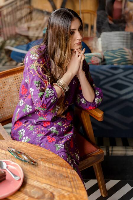 Buy_Gulabo Jaipur_Purple Cotton Embroidery Collared Gardenia Fleur Kurta With Pant_Online_at_Aza_Fashions