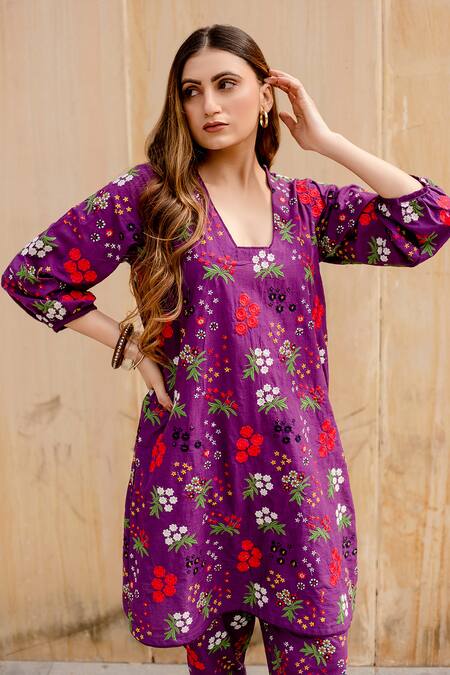 Shop_Gulabo Jaipur_Purple Cotton Embroidery Collared Gardenia Fleur Kurta With Pant