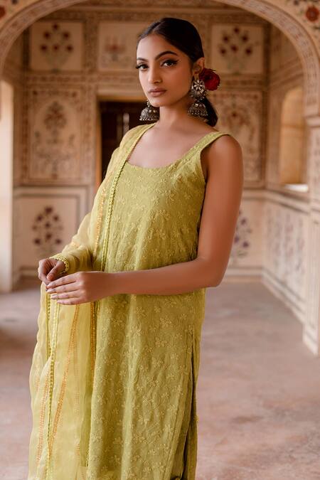 Buy_Gulabo Jaipur_Green Georgette Embroidery, Lace Square Neck Imrat Floral Kadhai Kurta Pant Set_Online_at_Aza_Fashions