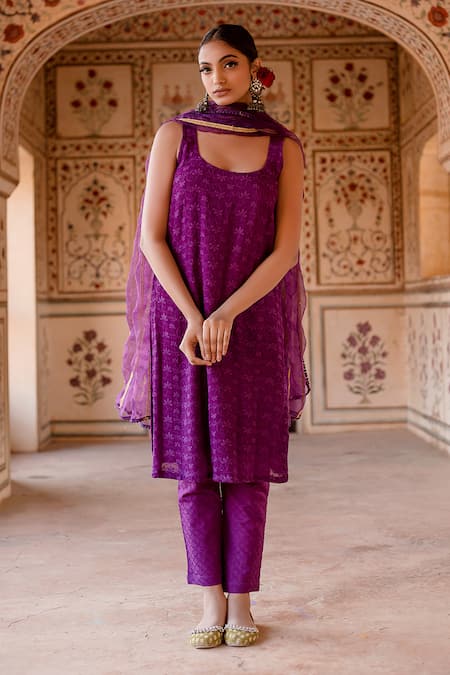 Gulabo Jaipur Purple Georgette Embroidery Floral Kadhai Semi Imrat Blossom Kurta Pant Set